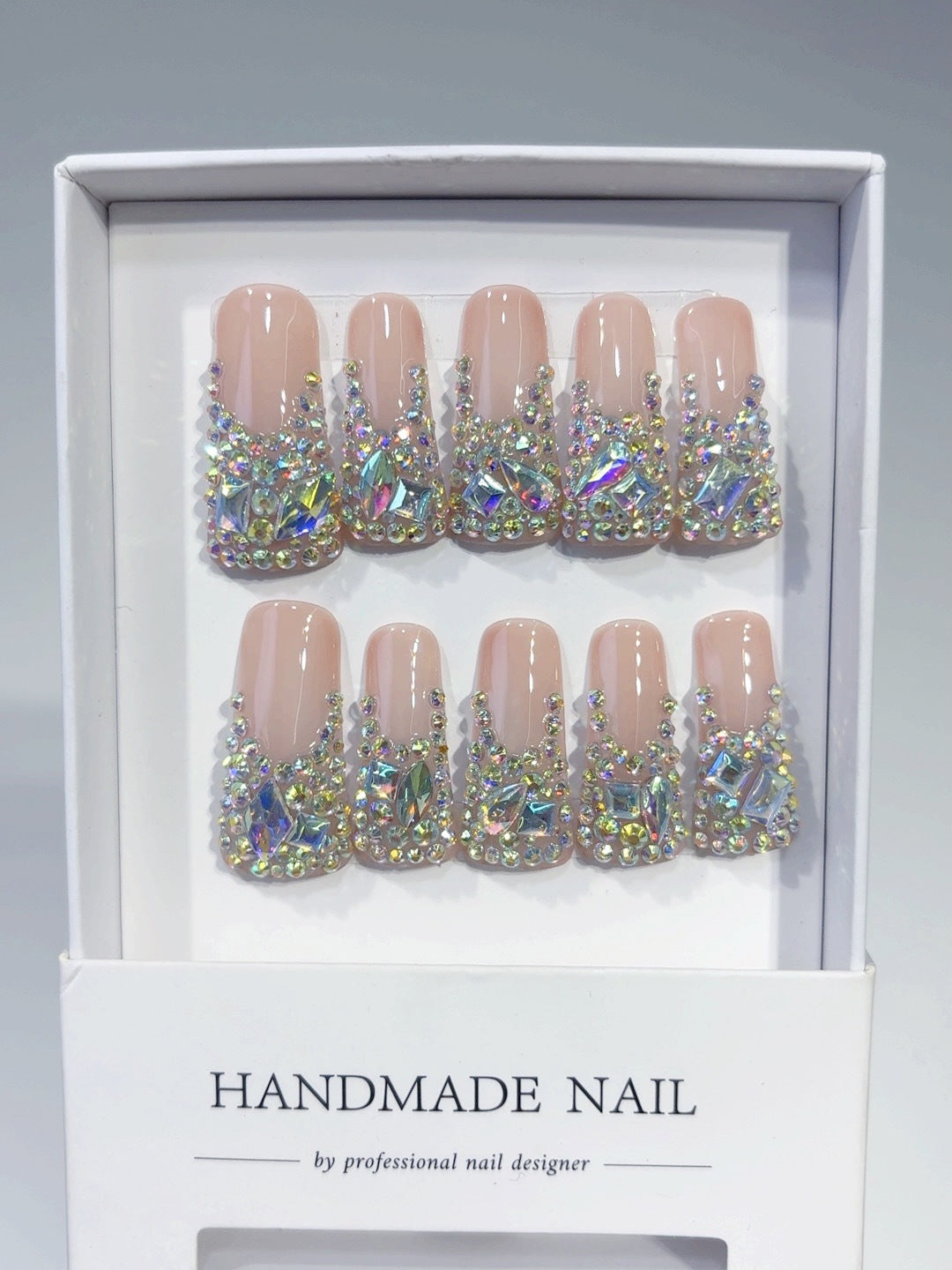 Stardust Glow: "Crystal Cascade" – Square Shape Handmade Press-On Nails