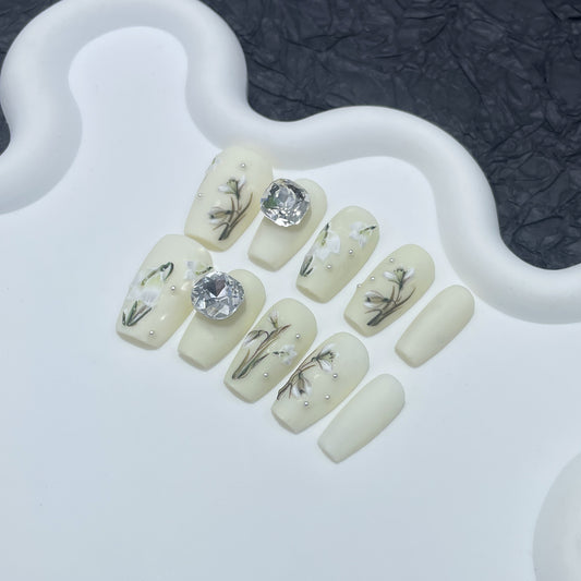 Handmade press-on nails relief three-dimensional orchid advanced simple short nail patch Chinese style wearable nail sticker｜365nails