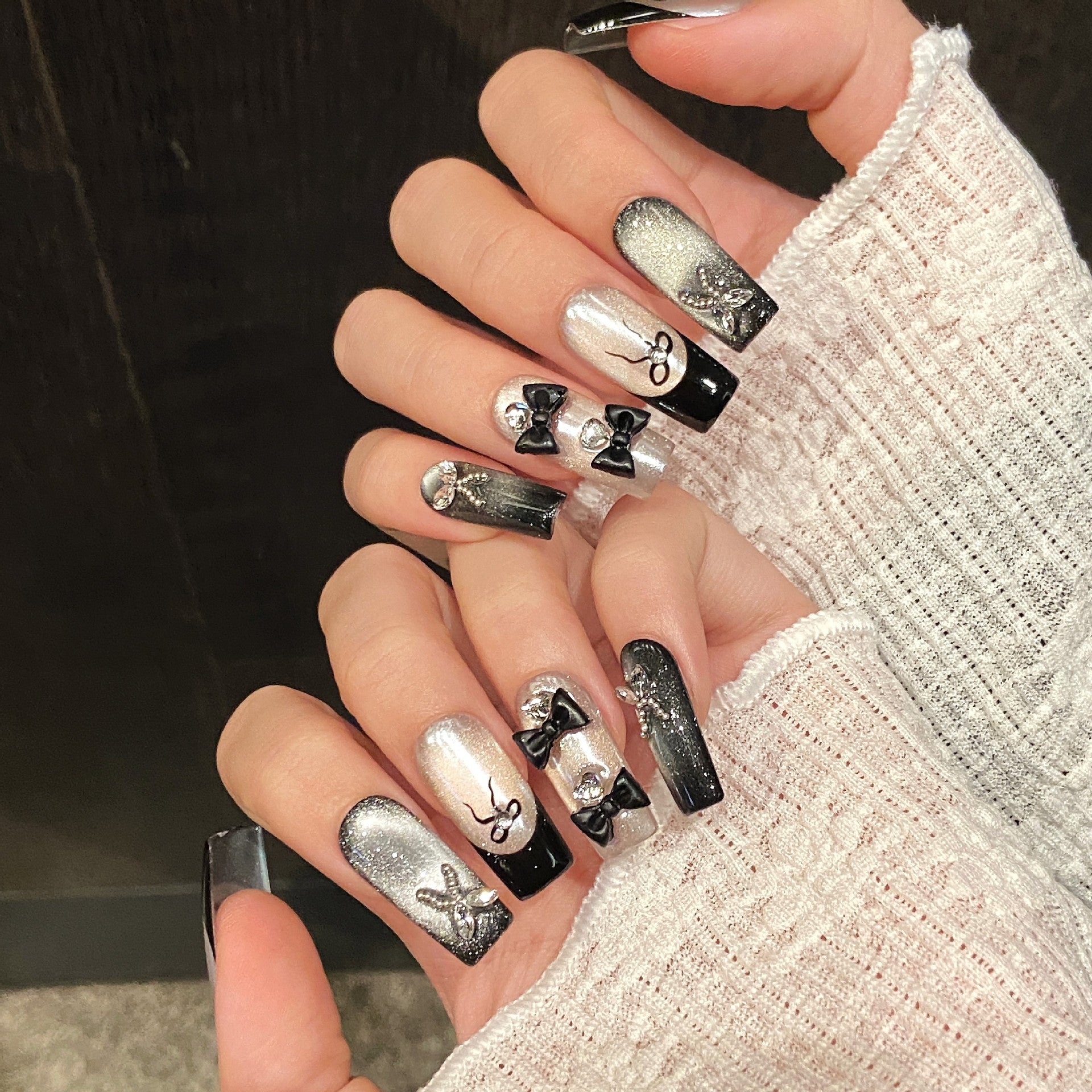 365nails: "Midnight Soiree" – 3D Bowknot & Butterfly Handmade Coffin Nails