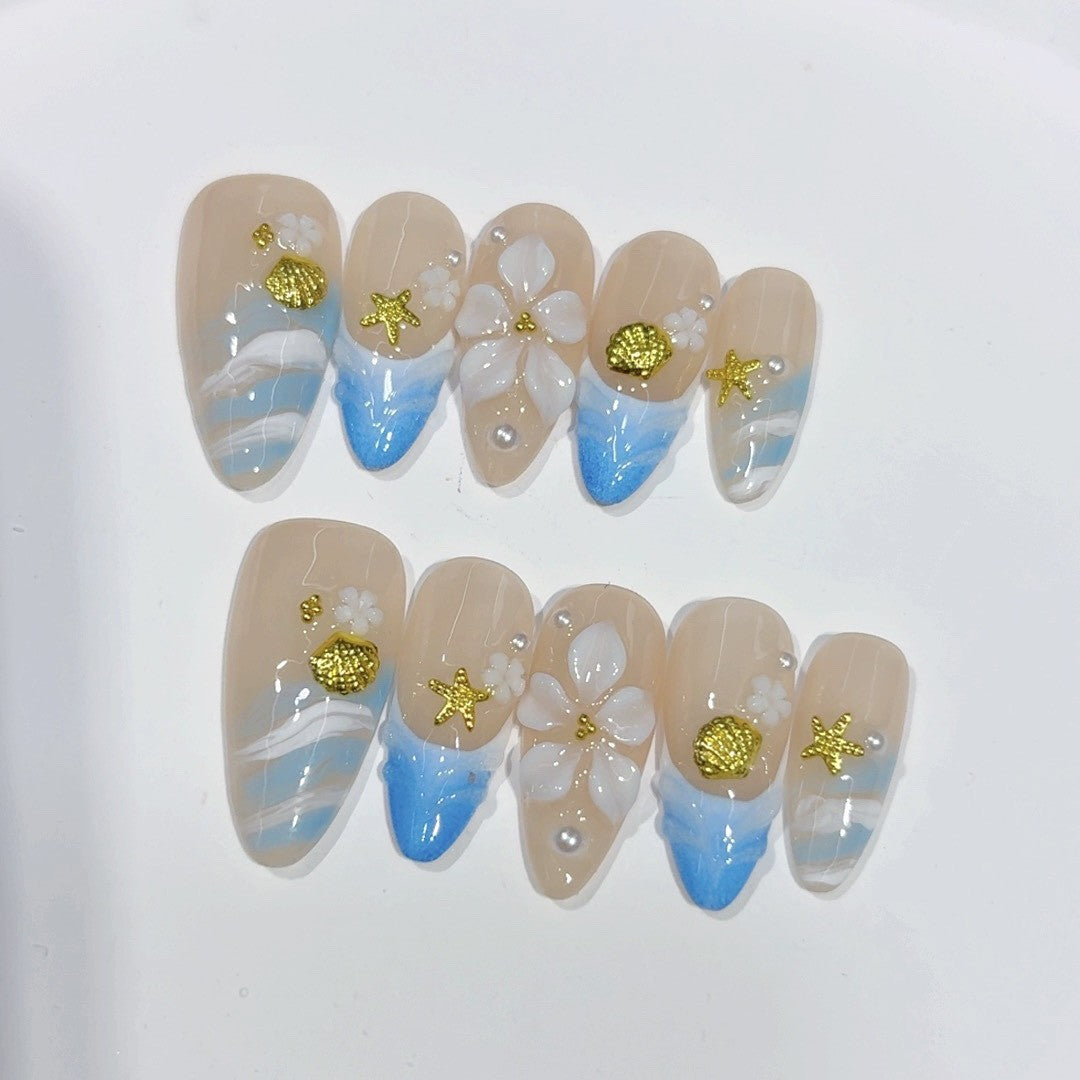 Coastal Breeze: "Seashell Bloom" – Medium Almond Handmade Press On Nails
