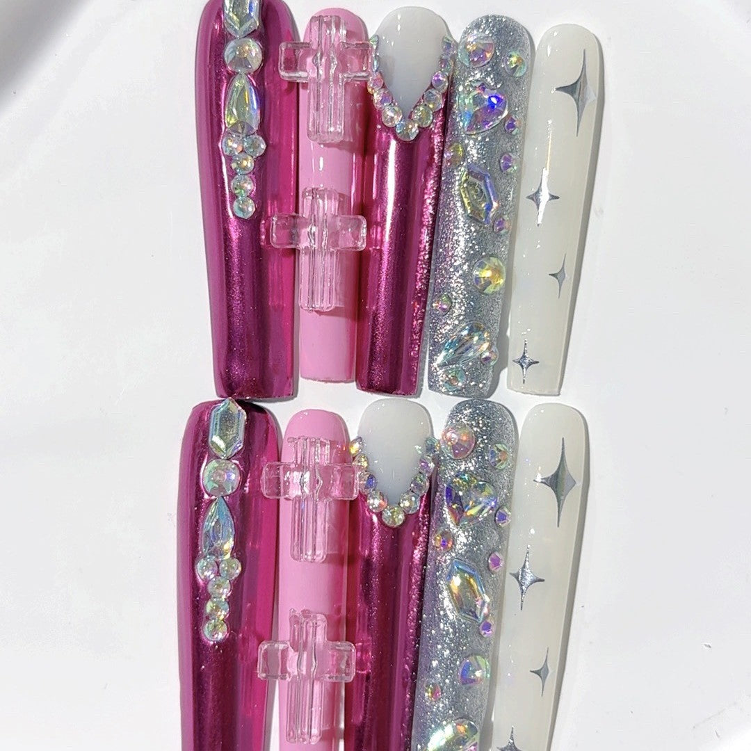 Glossy Pink Crystal Extra Long Press On Nails