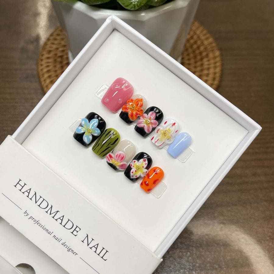 365nails: "Tropical Bloom" – 3D Floral Handmade Square Nails