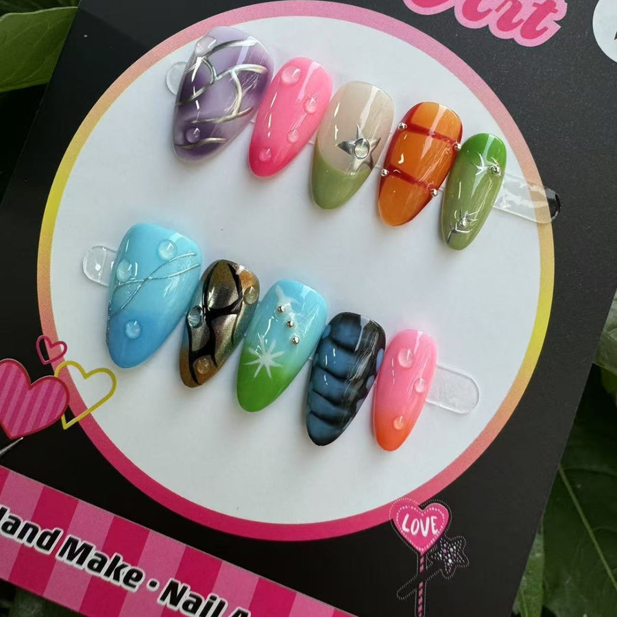 365nails: "Millennial Prism" – Multicolor Gradient & 3D Charm Handmade Almond Nails