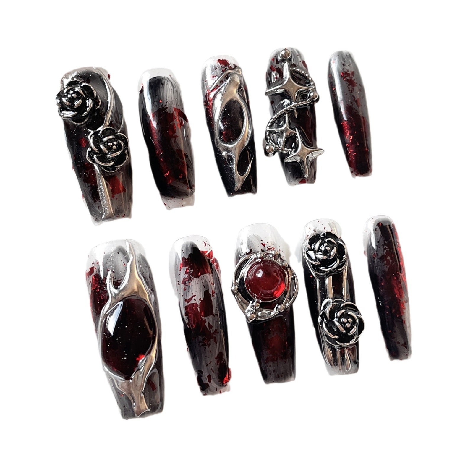 Unhas postiças de longa duração, feiticeira de sangue, estilo gótico escuro, unhas postiças artesanais, atacado ｜365nails