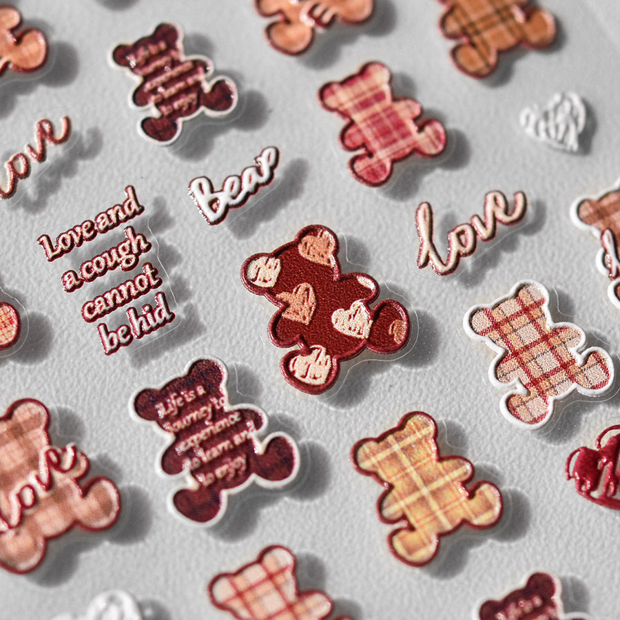Plaid Teddy Bear Nail Stickers – 5D Embossed Sweet Love Set