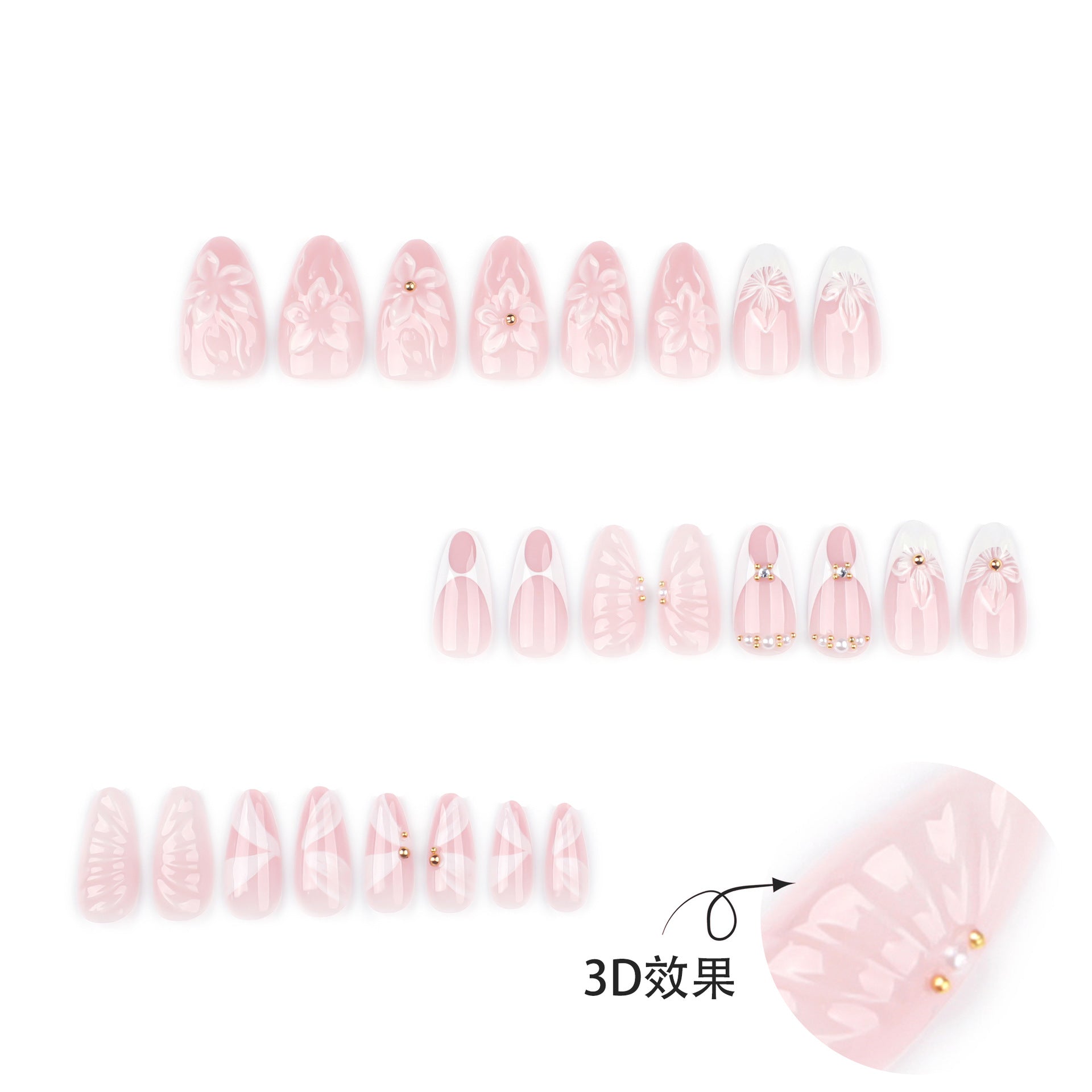 熱賣3D立體花朵法式中長款與短款杏仁形穿戴甲｜365nails