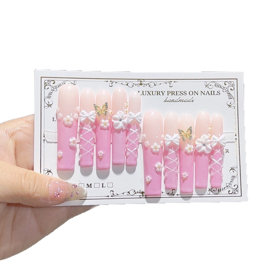 Soft Pink Floral Butterfly Lace Press On Nails