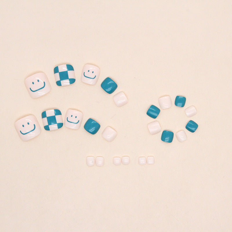 可愛笑臉×清新湖綠格紋 小巧款穿戴甲 小清新風 假甲｜365nails