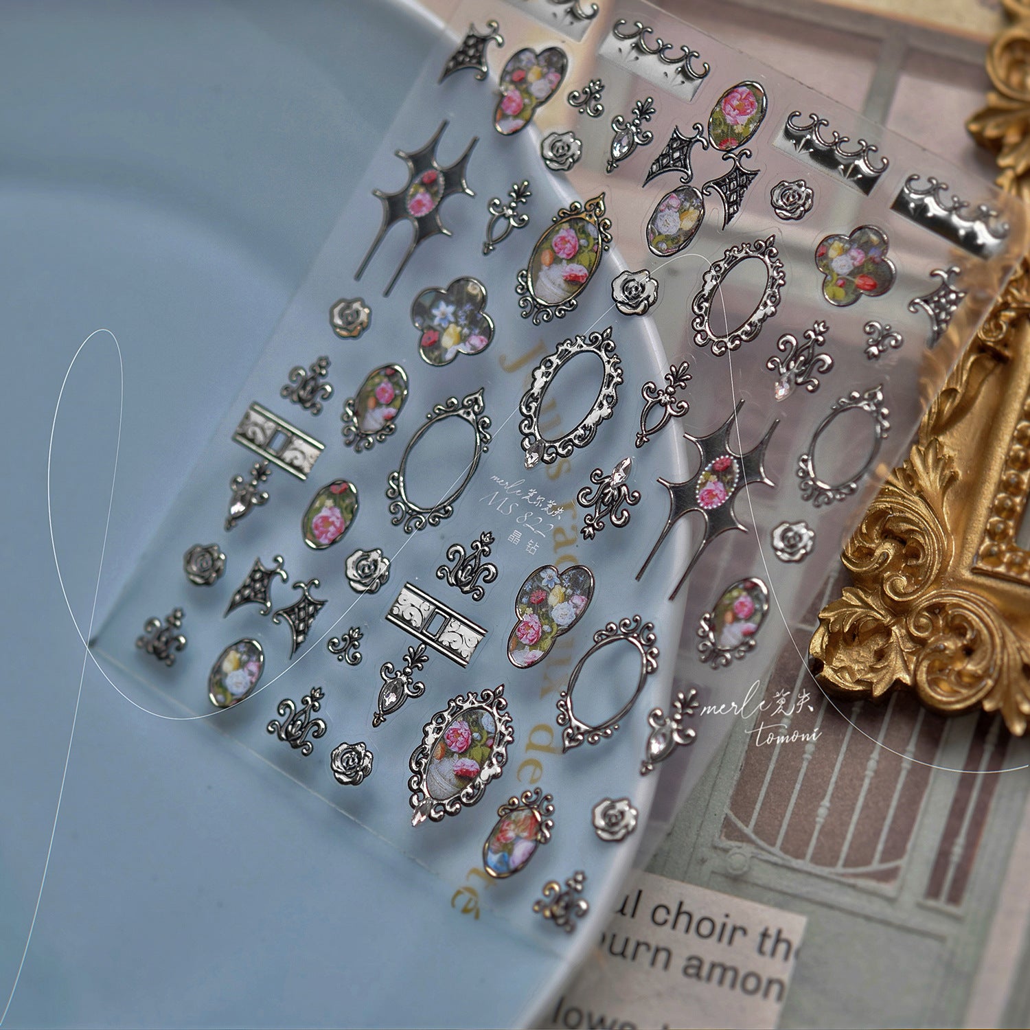 Vintage Frame & Floral: "Antique Crystal" – 3D Embossed Nail Sticker