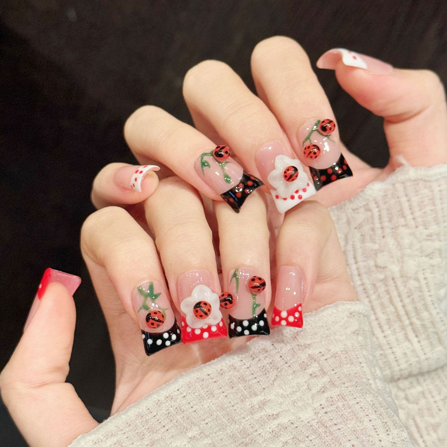 365nails: "Ladybug Garden" – 3D Ladybug & Floral Handmade Short Almond Nails