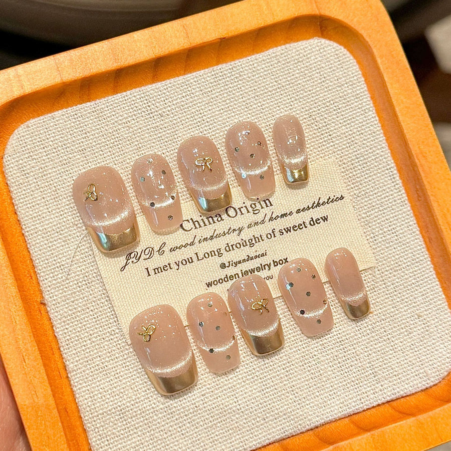 365nails: "Golden Dew" – Minimalist Gold Foil & Chrome Handmade Coffin Nails