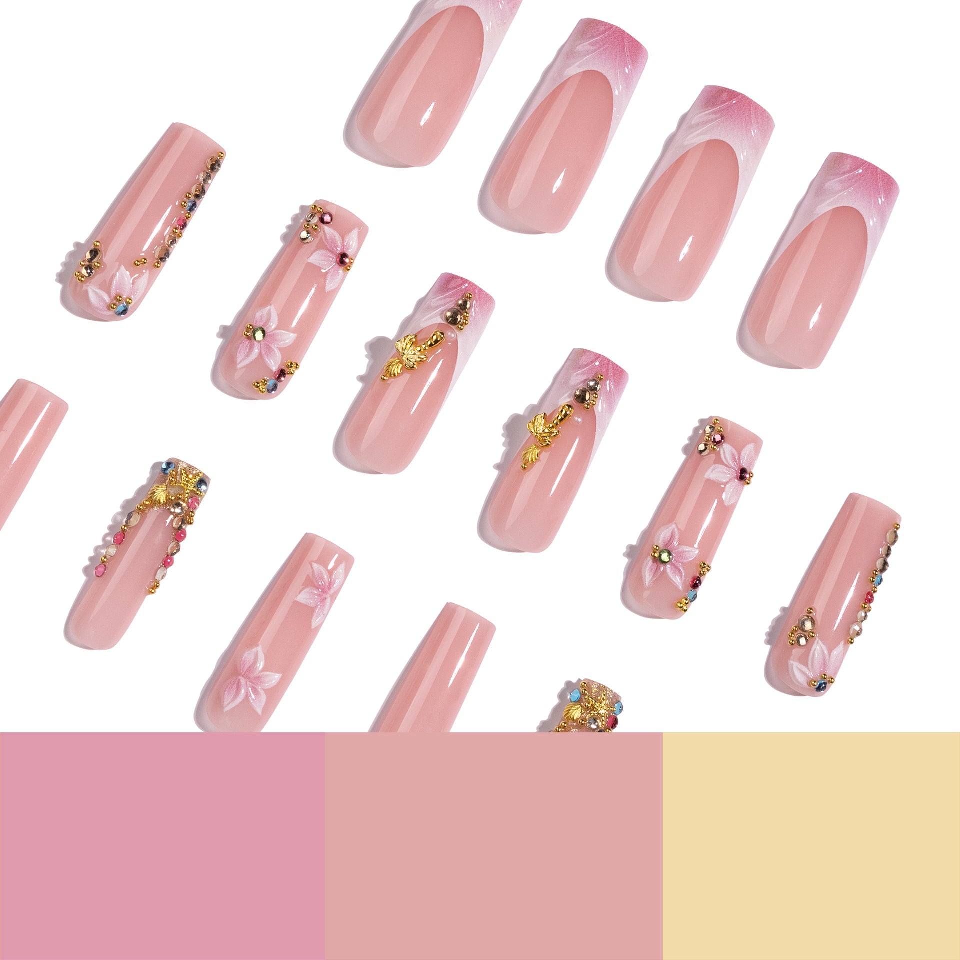 365nails: 핑크 3D 플라워 골드 및 라인스톤 장식 스퀘어형 – 럭셔리 프레스온 네일