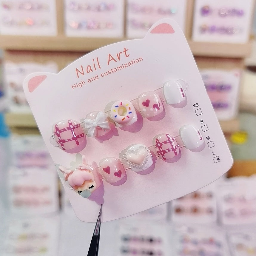 Bubble Girl Pink Cute Kids Press On Nails with Hearts