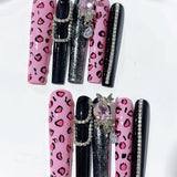 Pink Leopard Black Glam Press On Nail Set