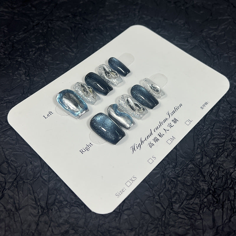 Galaxy Press-On Nails with Silver Chrome and Blue Shimmer