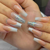 Uñas postizas francesas clásicas con purpurina, cambio gradual de color, punta de diamante, removible, producto terminado | 365nails