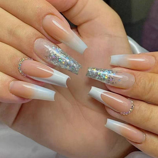 Classic French  wholesale glitter gradual change nail art color diamond point drill removable fake nail finished product｜365nails