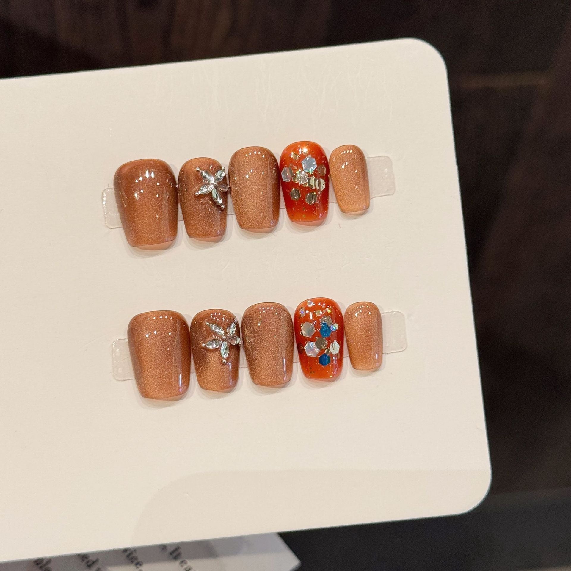 Glitter Brown Orange Accent Press On Nails