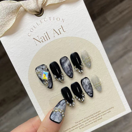 Dark smudge black spice girl cold wind drag handmade press on nails almond nail art handmade press on nails finished product factory | 365nails
