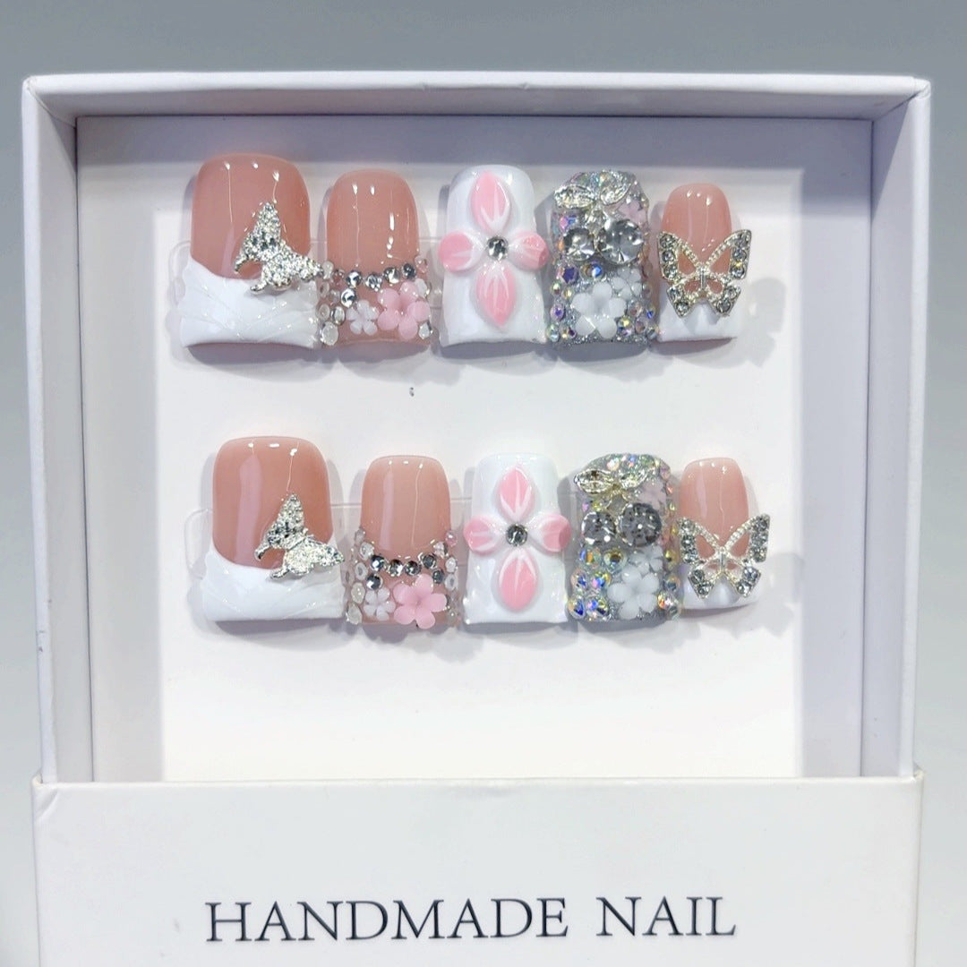 Jardin enchanté : "Cristal floral papillon" – Ongles press-on faits main carrés courts