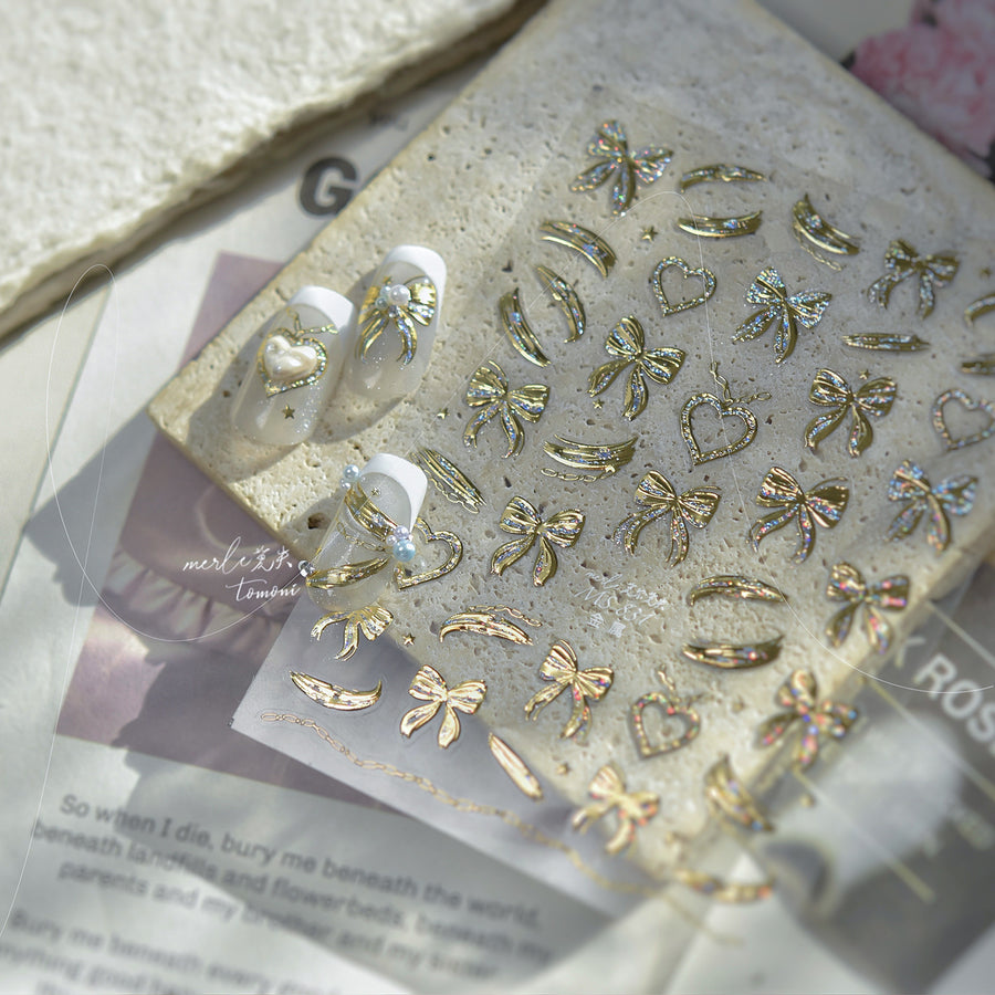 Gold Heart & Bow Embellishment: "Golden Romantic Charm" – 5D Embossed Nail Sticker