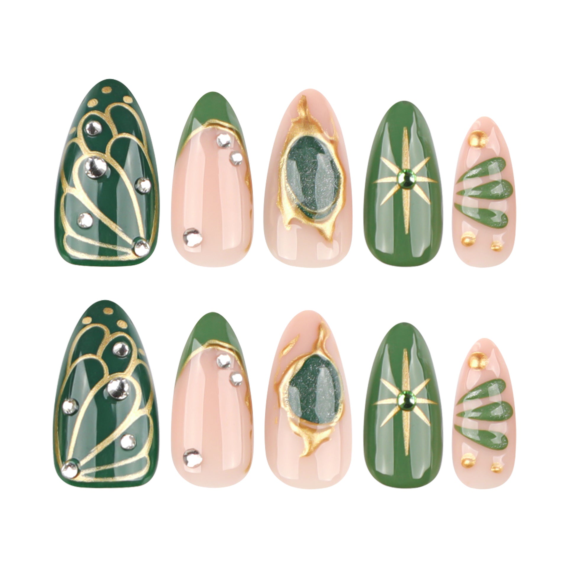 Green Gem Inspired Nails with Gold Metallic Accent Details