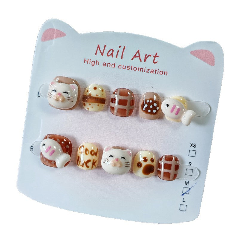 365nails: "caramel kitty" – short round handmade kids press-on nails