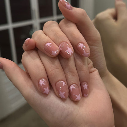 Simple pink star nail art piece, short round , finished product wholesale,  hot-selling,  fake ｜365nails