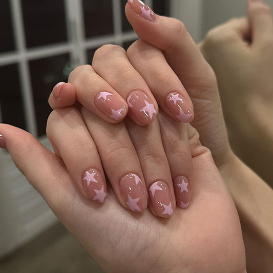 Simple pink star nail art piece, short round , finished product wholesale,  hot-selling,  fake ｜365nails