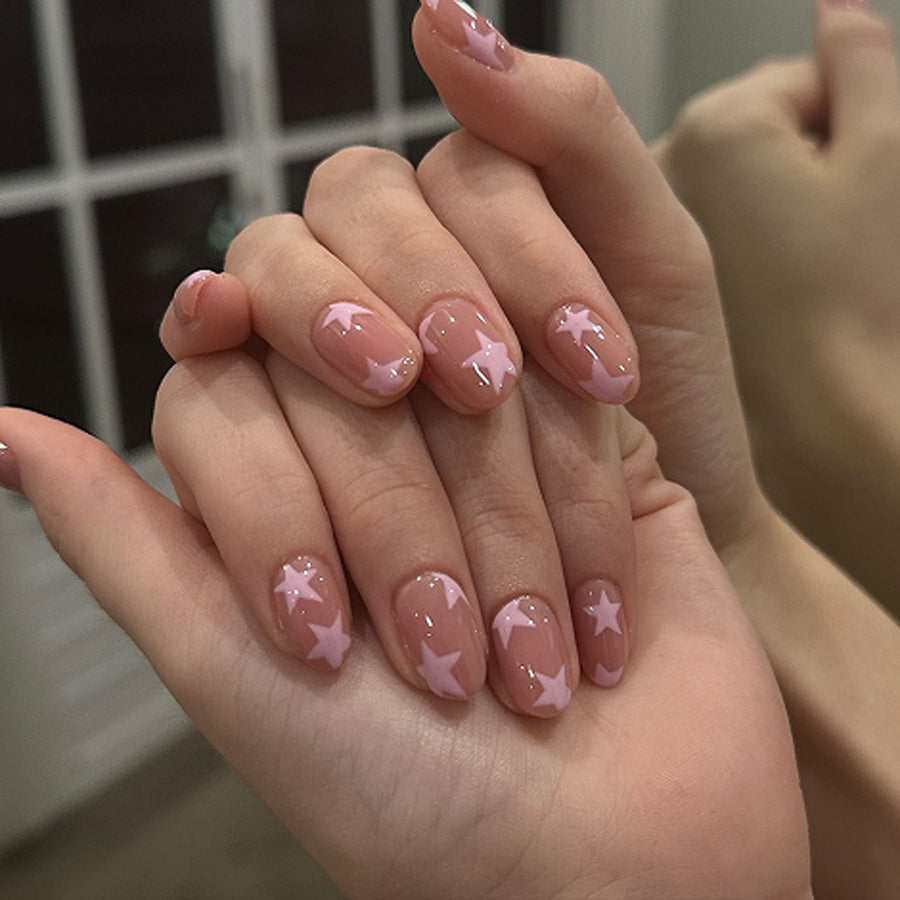 Simple pink star nail art piece, short round , finished product wholesale,  hot-selling,  fake ｜365nails