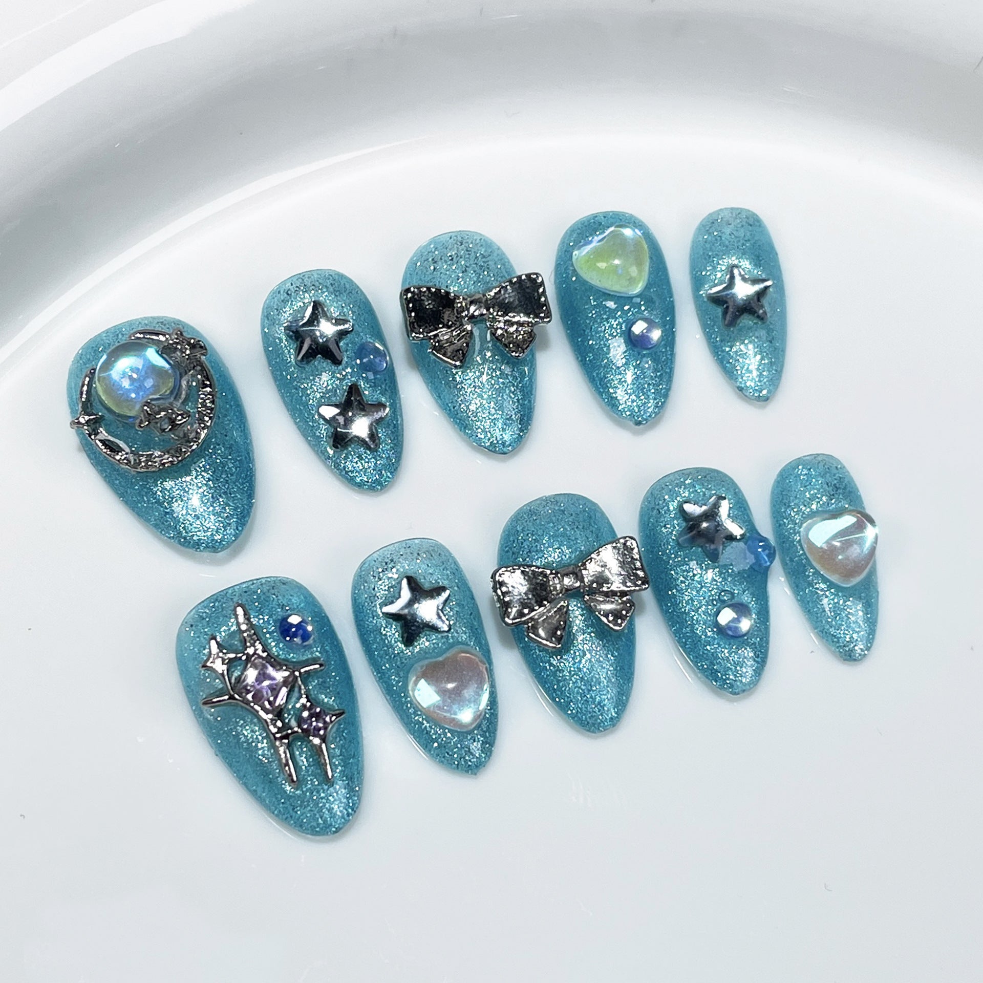 Unhas postiças artesanais flash azul oceano doce fofo olho de gato arte curta para unhas finalizadas adesivo de unha usável ｜ 365nails