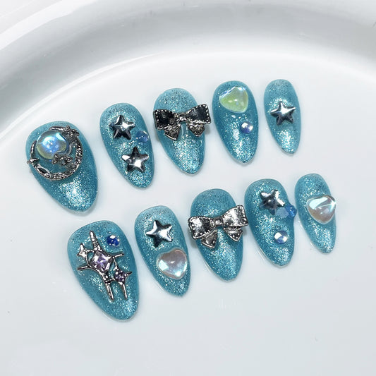 Handmade Press-on Nails flash ocean blue sweet cute cat eye short nail art finished patch wearable nail sticker｜365nails