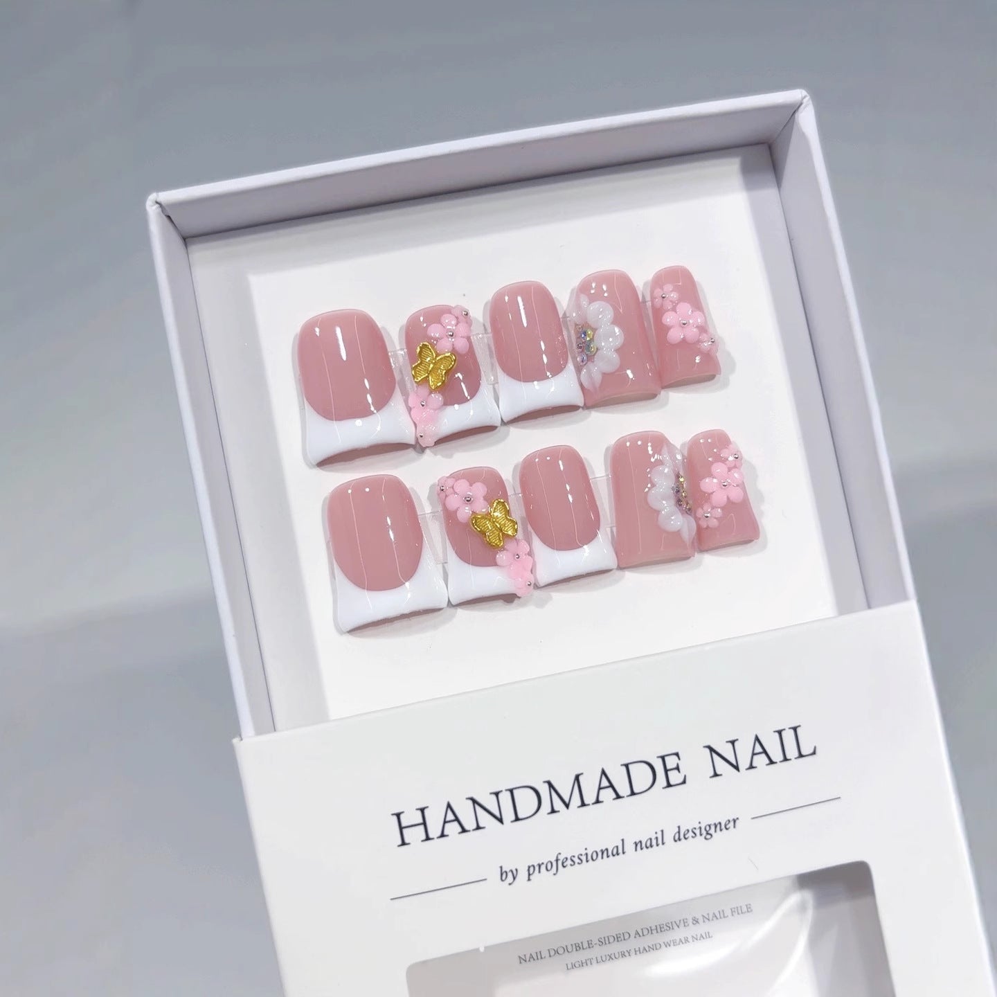 Blush Floral: "Pink Cherry French" – Short Square Handmade Press-Ons
