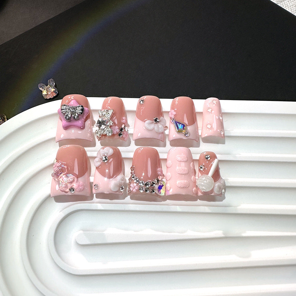 Pink Teddy Bear Charm Duckbill Press On Nails