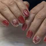 Red cat's eye flashes short square simple butterfly press-on nails