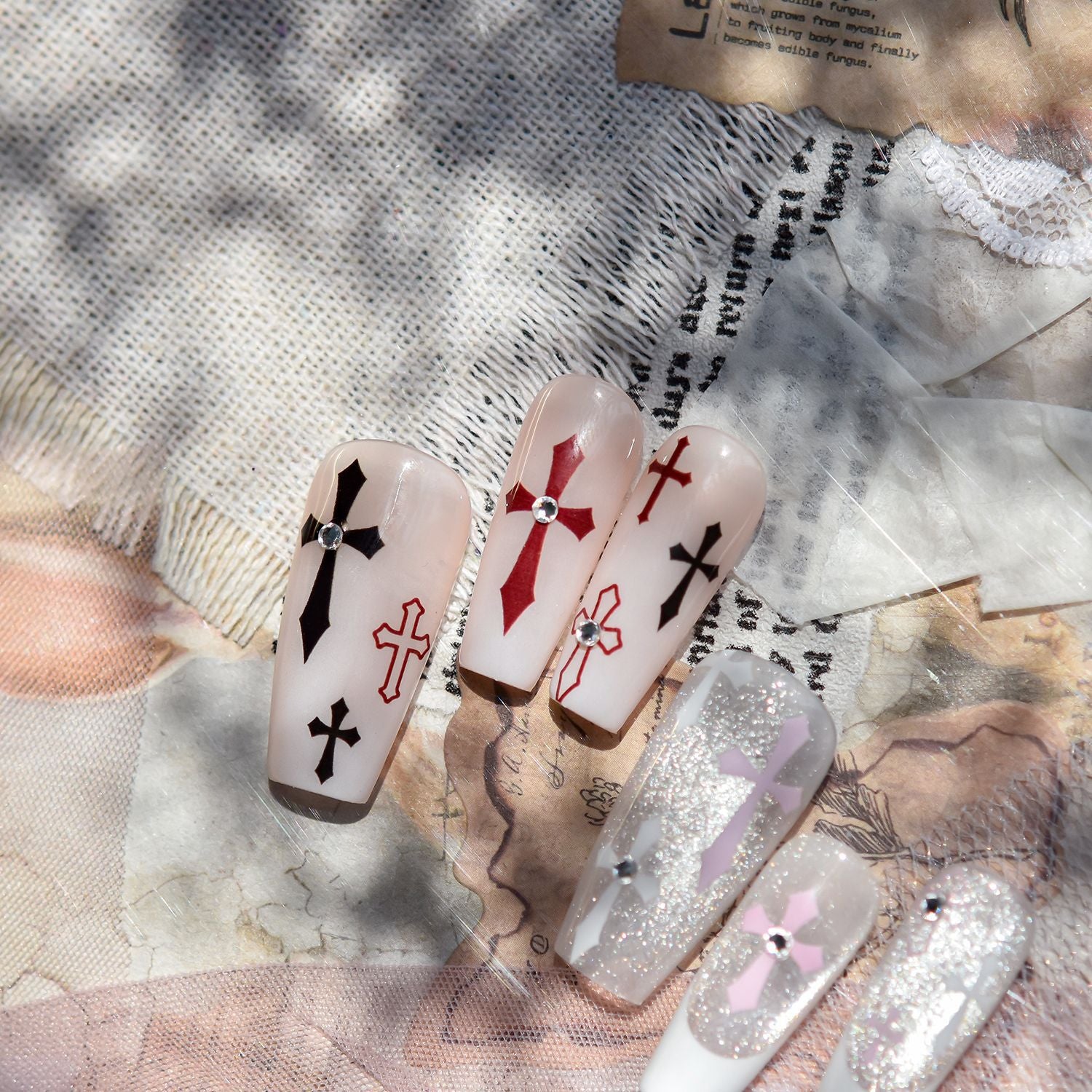 Crystal Cross Collection: "Sweet Pink Cross & Crystal" – 3D Embossed Nail Sticker