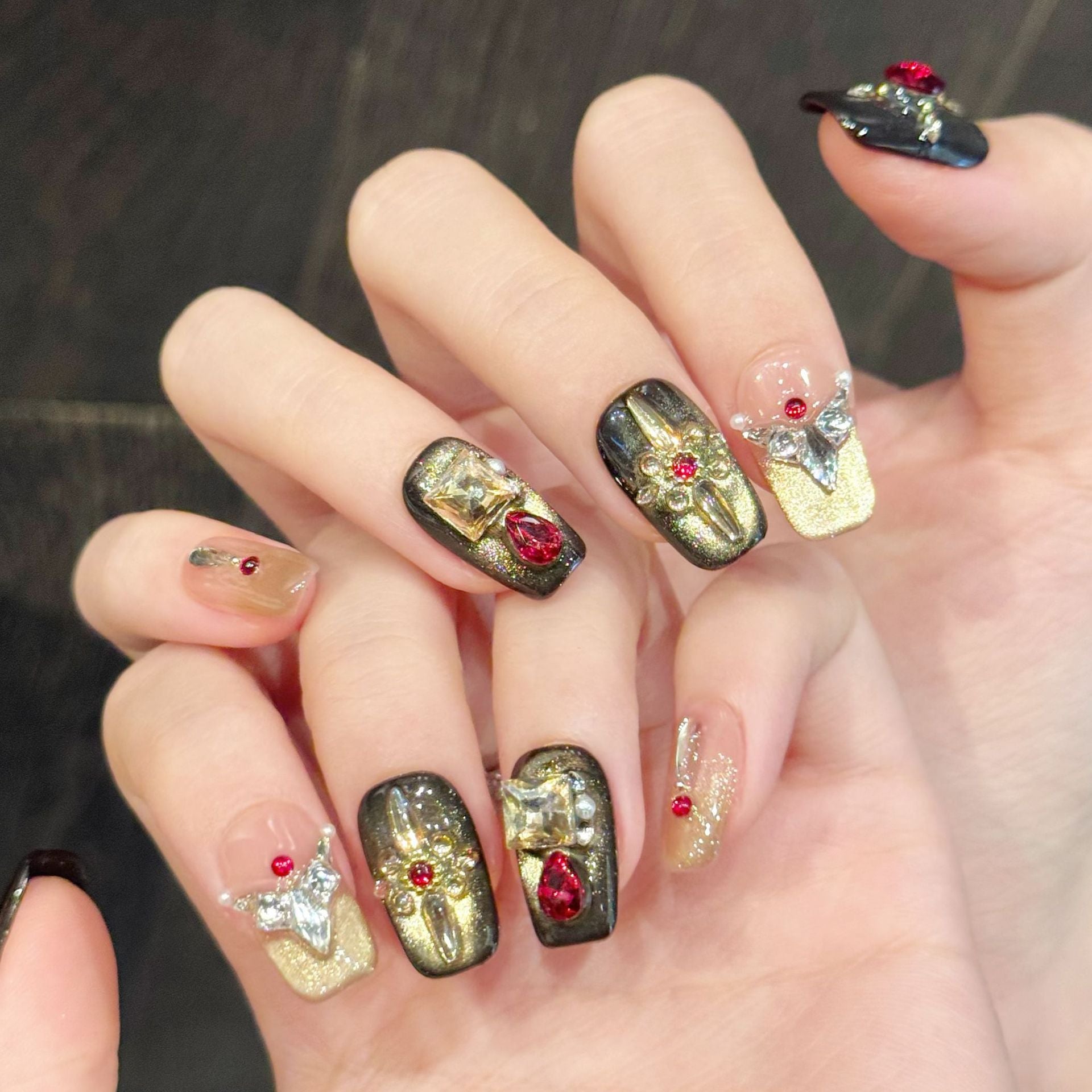 365nails: "Imperial Bloom" – 3D Red Gem & Gold Leaf Handmade Long Coffin Nails