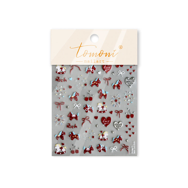 Festive Rich Collection: "Rich Rocking Horse" – Glitter 3D Embossed Nail Stickers