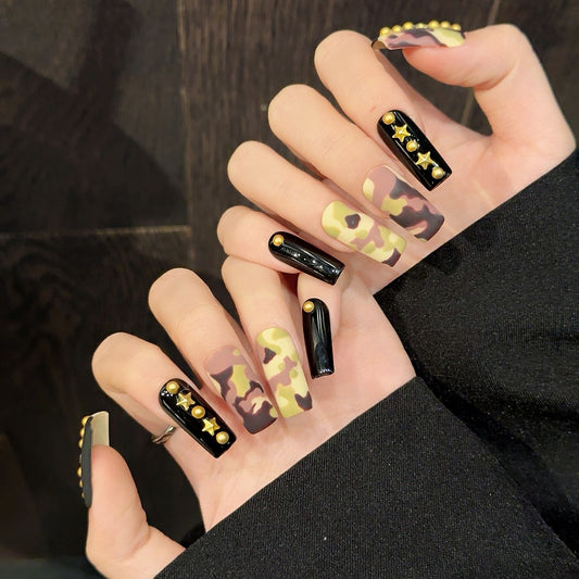 Nail art, hot summer Chinese tropical rainforest camouflage five-pointed star press-on nails art removable | 365nails