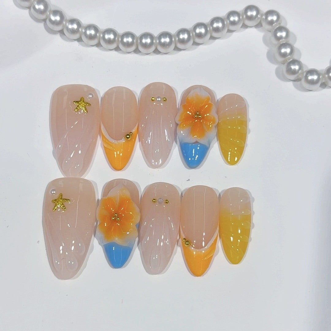 Summer Citrus: "Orange Bloom" – Medium Almond Handmade Press On Nails