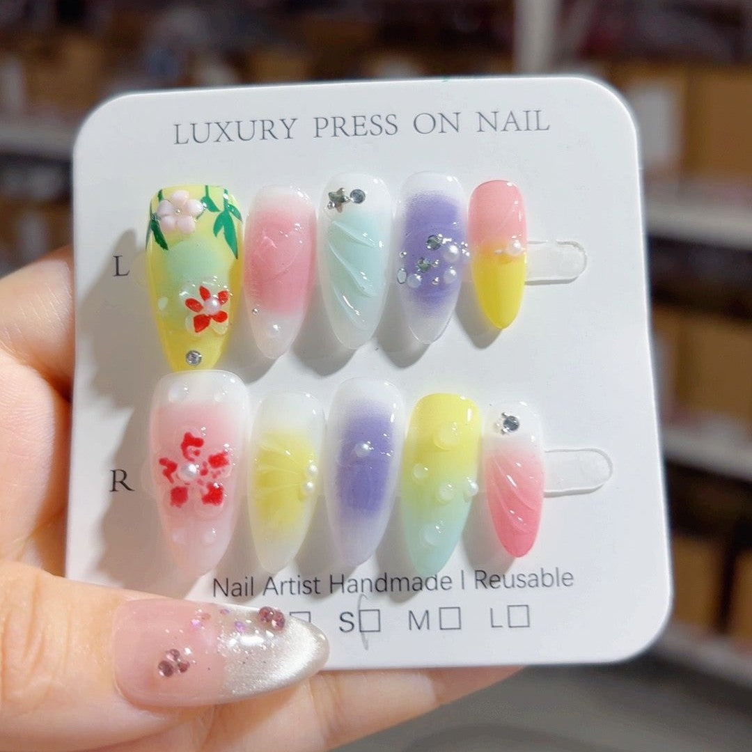 Rainbow Bloom: "Candy Garden" – Unhas Postiças de Amêndoa