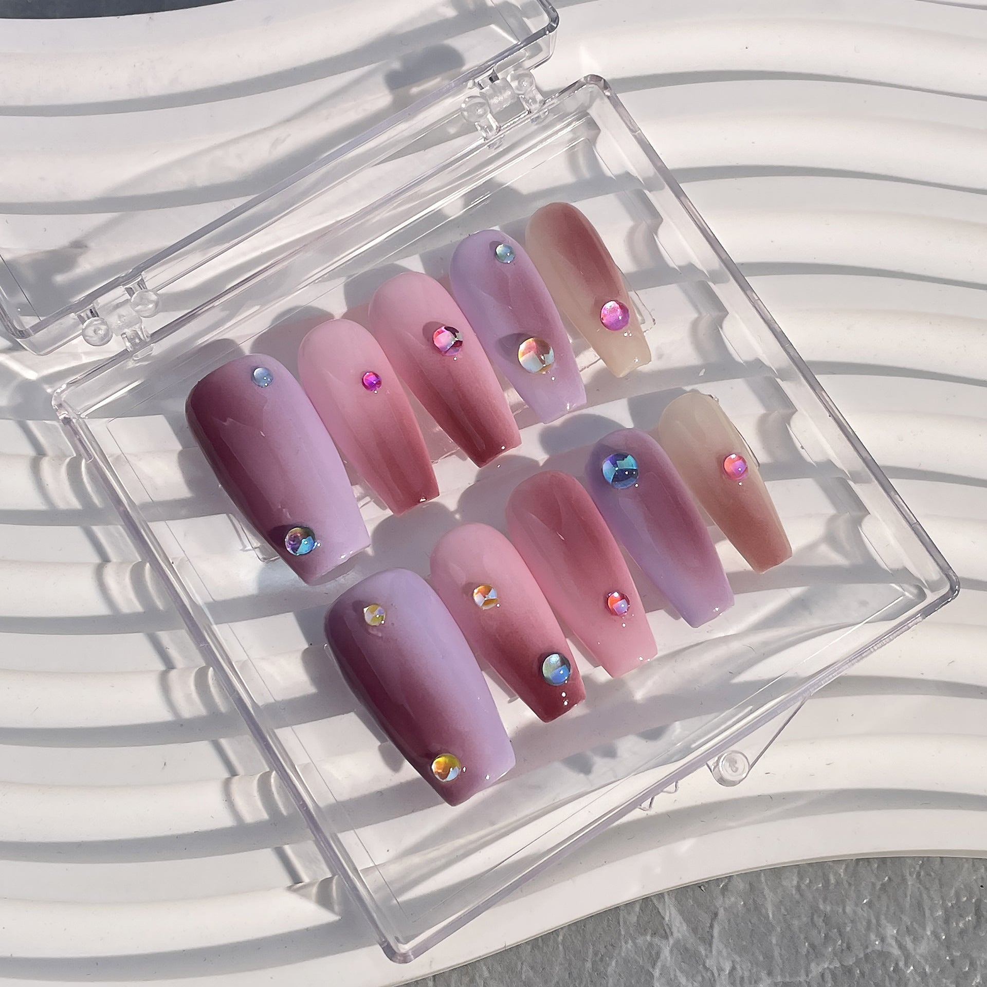 Uñas postizas hechas a mano con diseño de sirena, cuentas de burbujas, uñas medianas y largas, parche terminado, esquema de color macarrón, cambio gradual, uñas postizas | 365nails