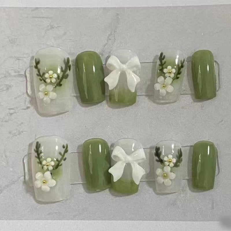 365nails: "Sage Garden" – 3D Bow & Floral Handmade Square Nails