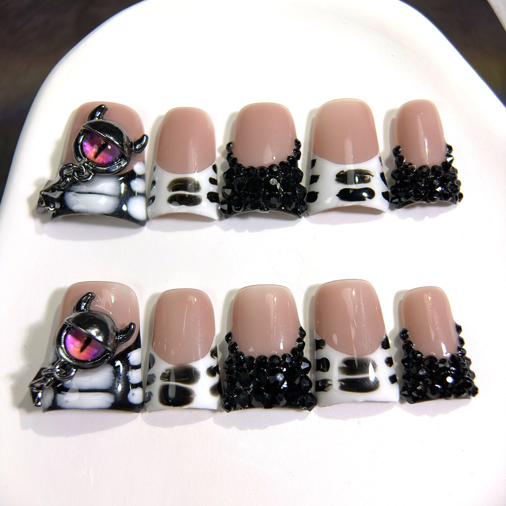 Black White Gothic Eye Crystal Press On Nails