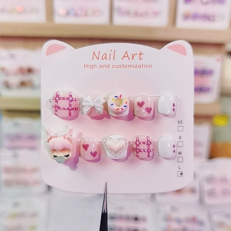 Bubble Girl Pink Cute Kids Press On Nails with Hearts