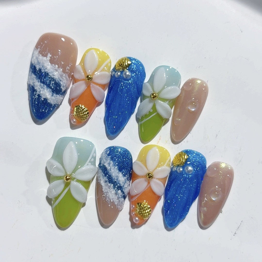 365nails - 海岸微風：海灘貝殼花 — 杏仁形 手工製 立體雕刻 穿戴甲