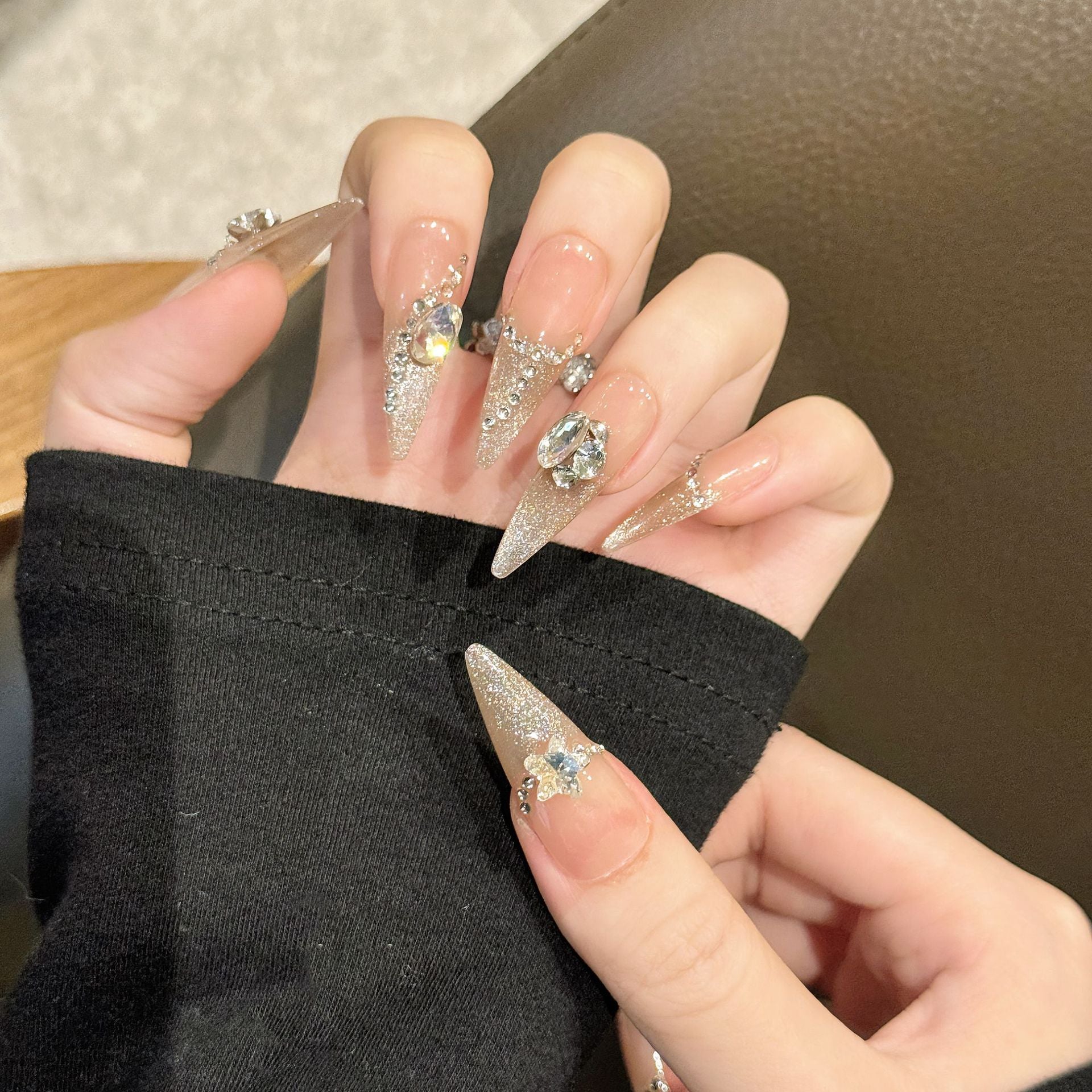 365nails: "Celestial Ice" – 3D Crystal & Silver Glitter Handmade Stiletto Nails