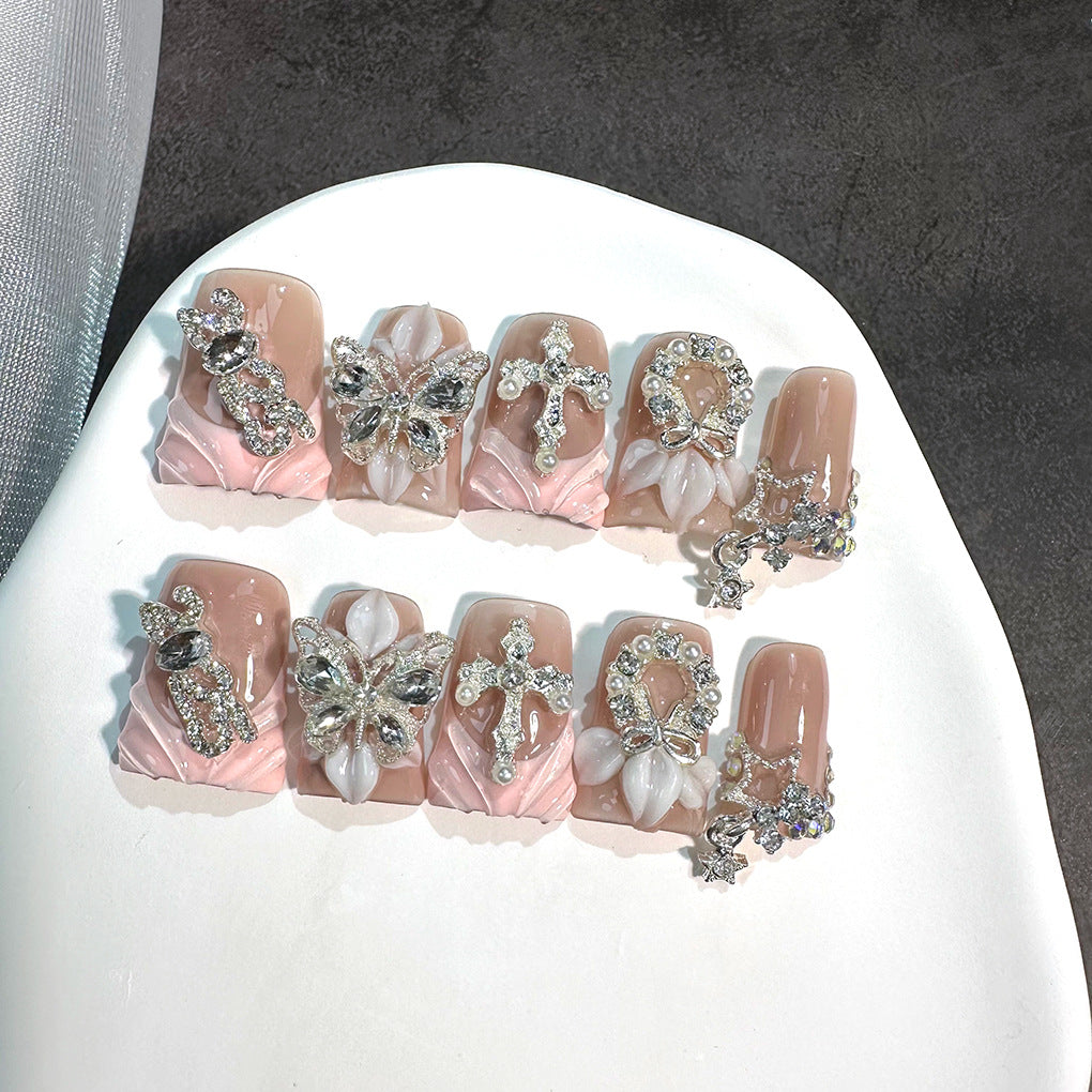 Blush Nude Butterfly Crystal Press On Nails