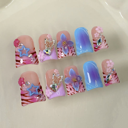 Duck bill nail Symphony leopard print three-dimensional engraved nail art patch Ice through sweet press-on nails pure handmade｜365nails