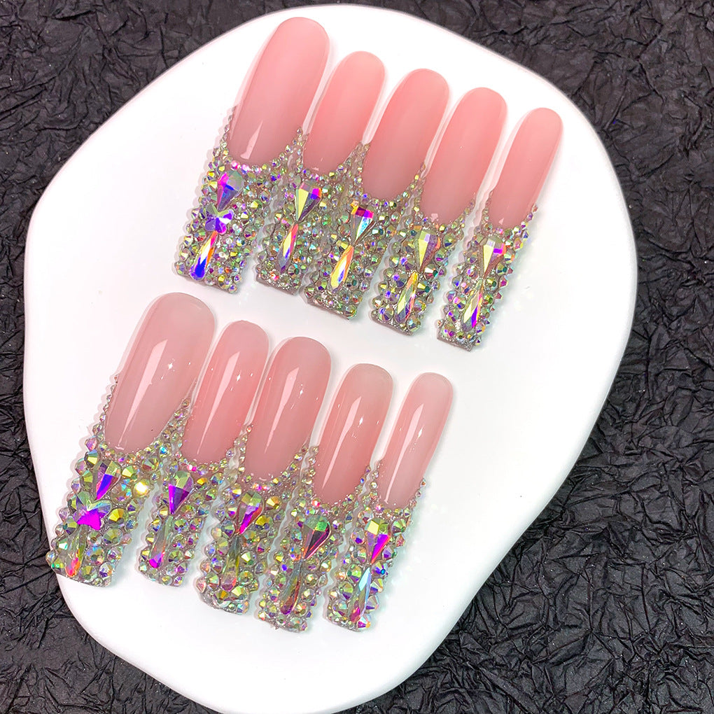 Pink Jelly Long Nails with AB Crystal Glam Tips